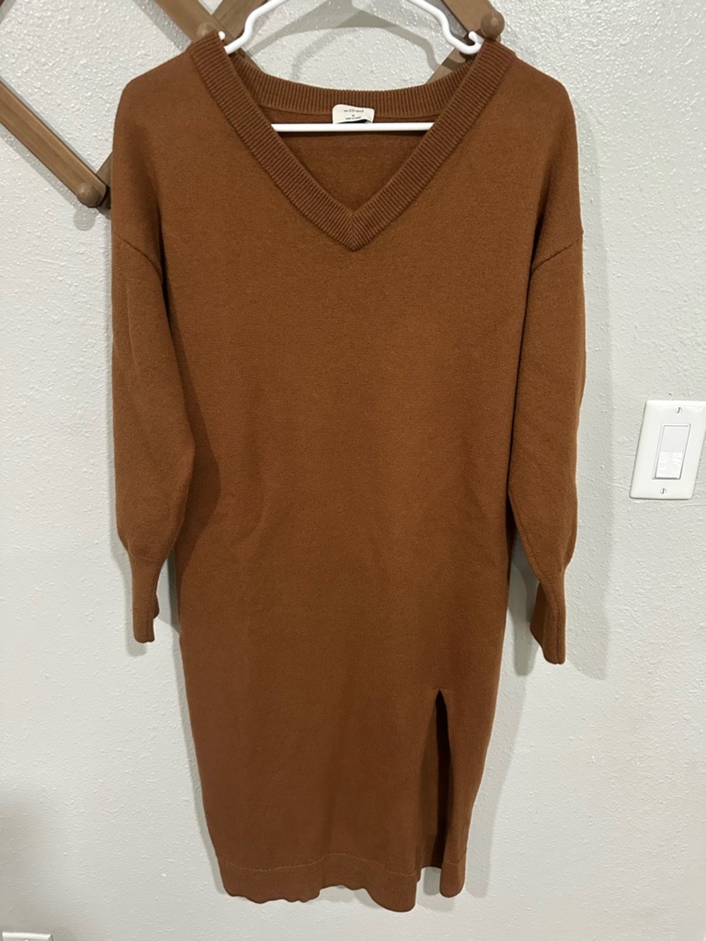 Wilfred Brown Knit Vneck Sweater Dress Side Slit 100% Merino Wool Size M